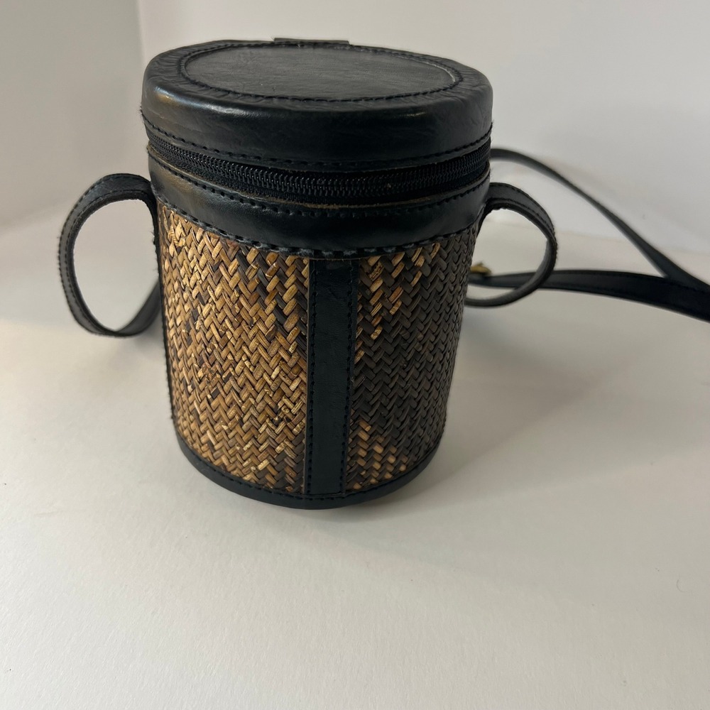 Vintage Rattan Leather Cylinder Crossbody Bag Brown 4 x 6" Zip Closure - Picture 2 of 8